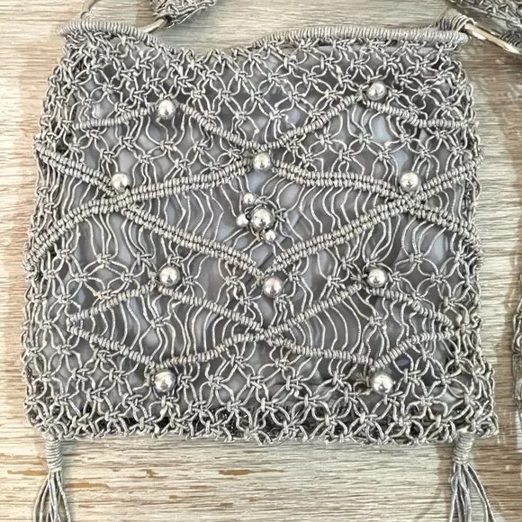 Crossbody Bag Macrame Crochet Beaded Fringe Silver Purse - Picture 5 of 9